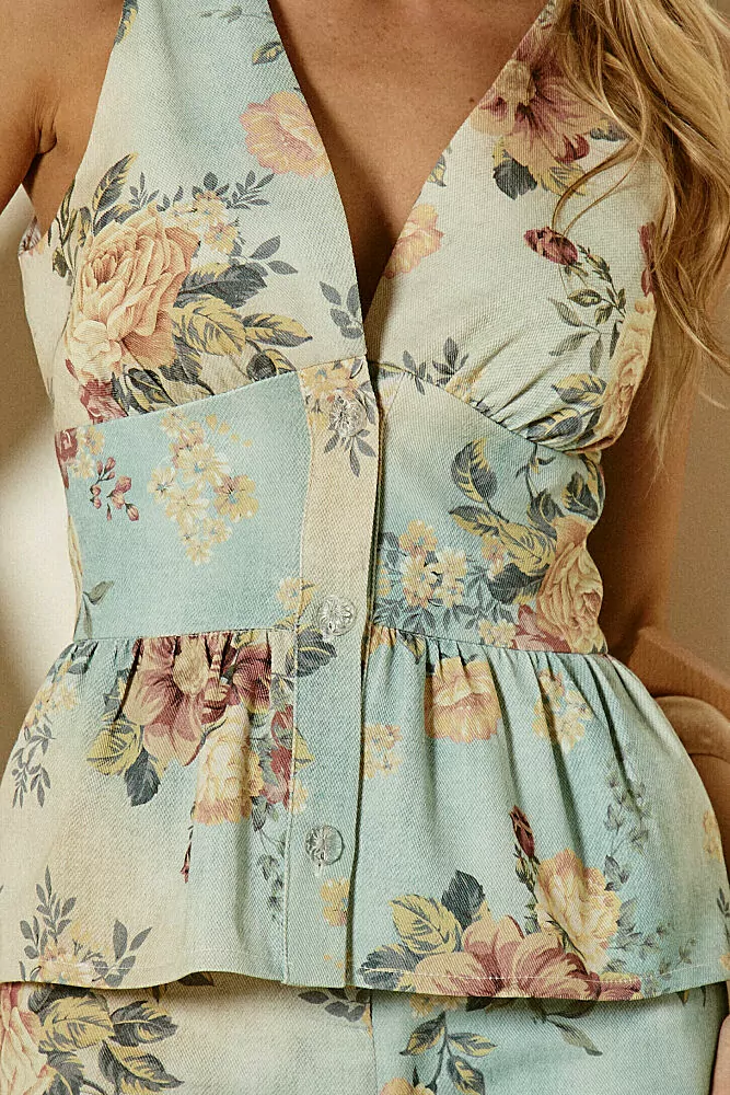 Conjunto Sarja Floral Blusa com Recorte e Botão Frontal e Calça Reta 1