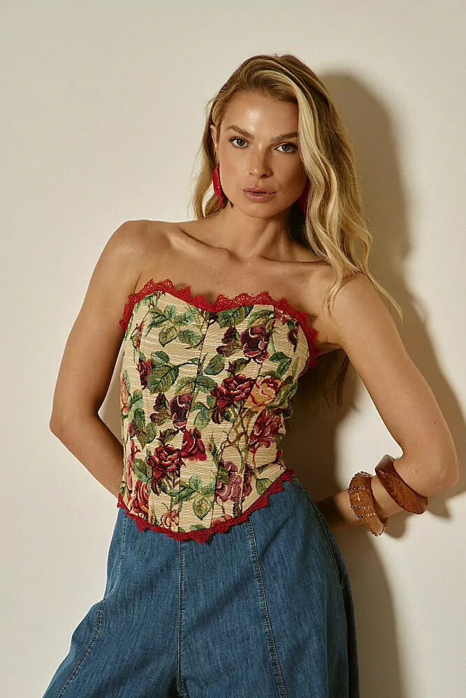 Corset Jacquard Detalhe Renda com Amarração nas Costas
