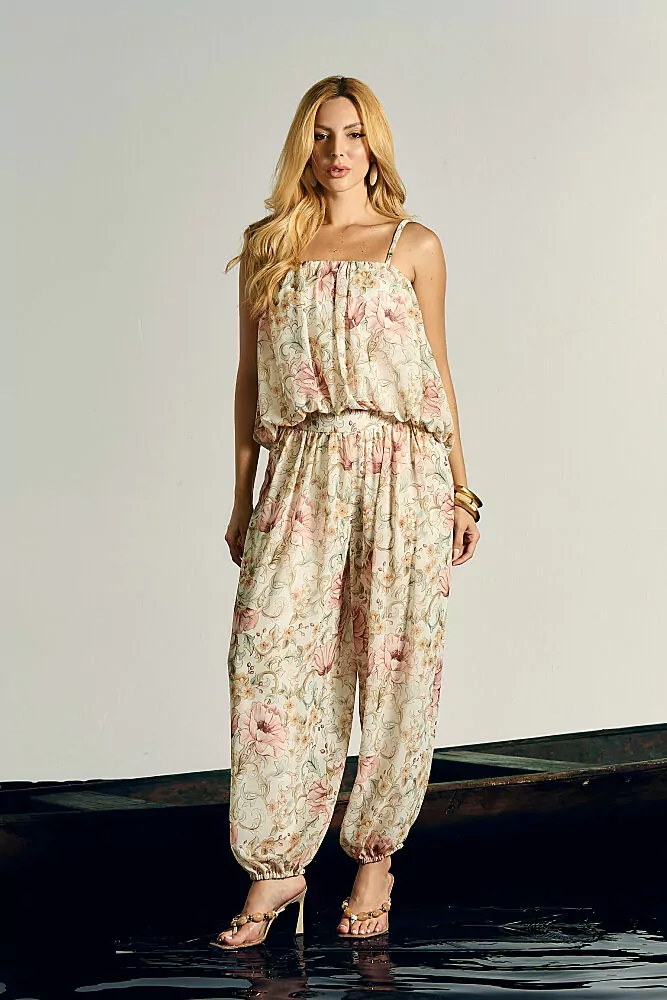 Conjunto Chiffon Estampado Floral Blusa Alça Balonê e Calça Aladim